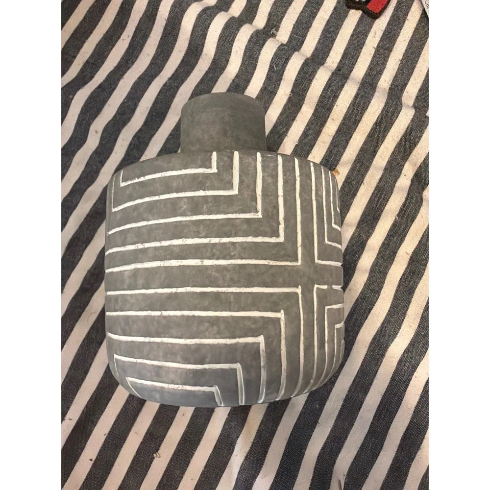Gray Geometric Ceramic Vase Modern Tribal Textured Tabletop Decor